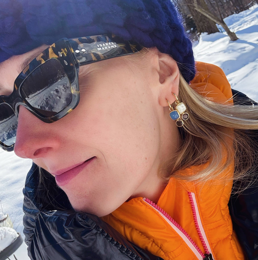 Color Block Charm Huggie Hoop Earrings in Blue Chalcedony and Faceted Smoky Quartz