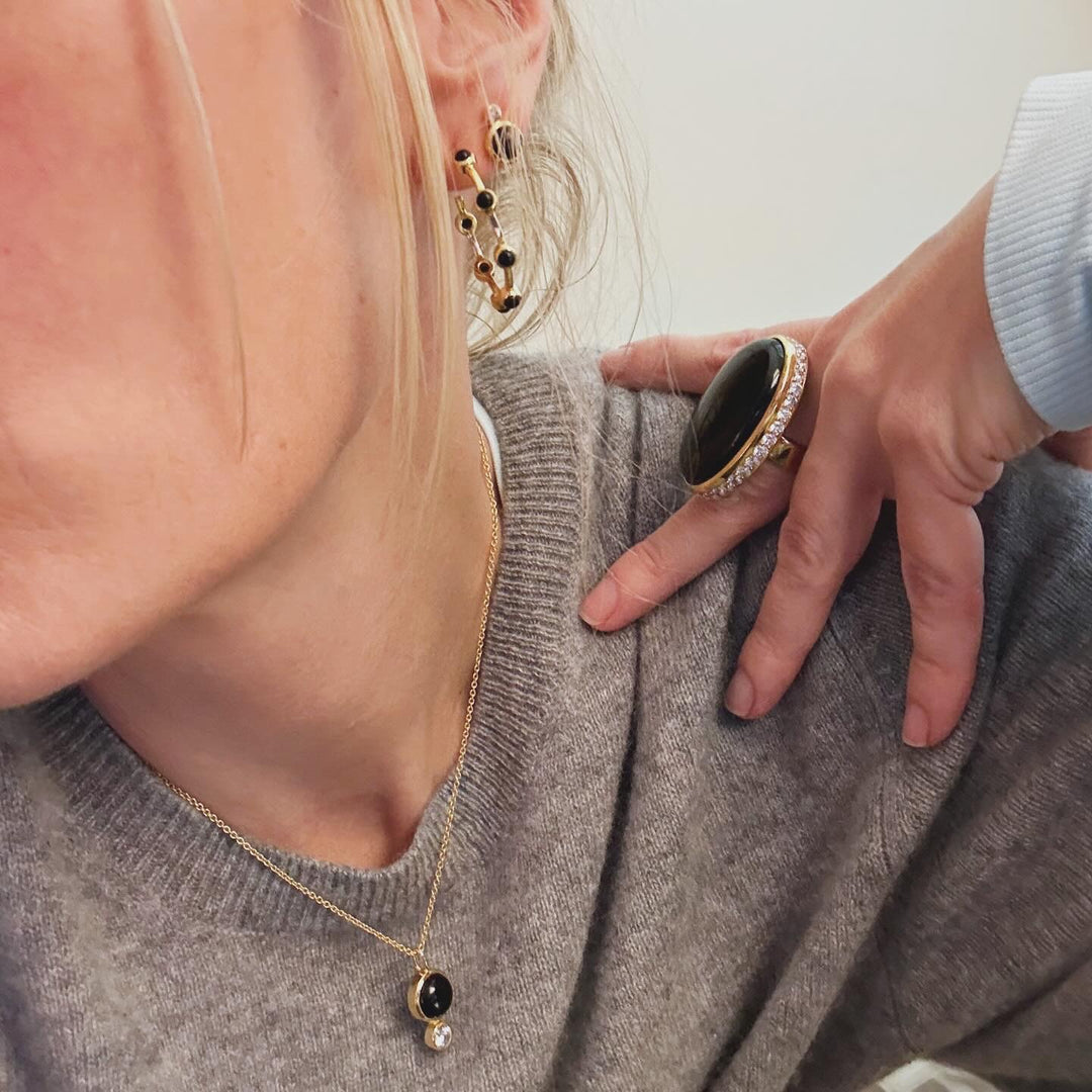 Mini Floating Gem Stud Earrings in Black Onyx