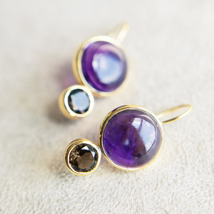 Color Block Drop Earrings in Amethyst and Faceted Smoky Quartz