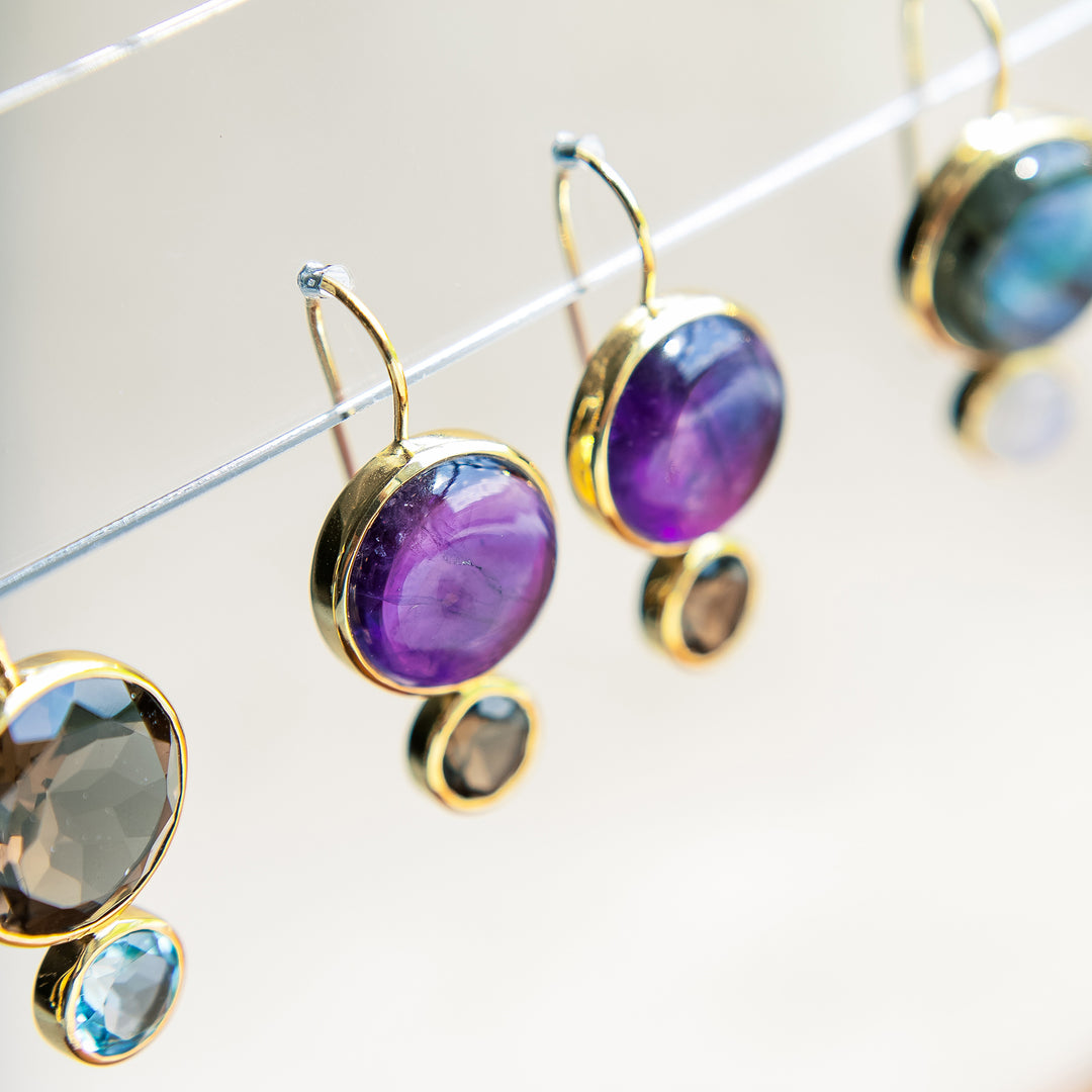 Color Block Drop Earrings in Amethyst and Faceted Smoky Quartz