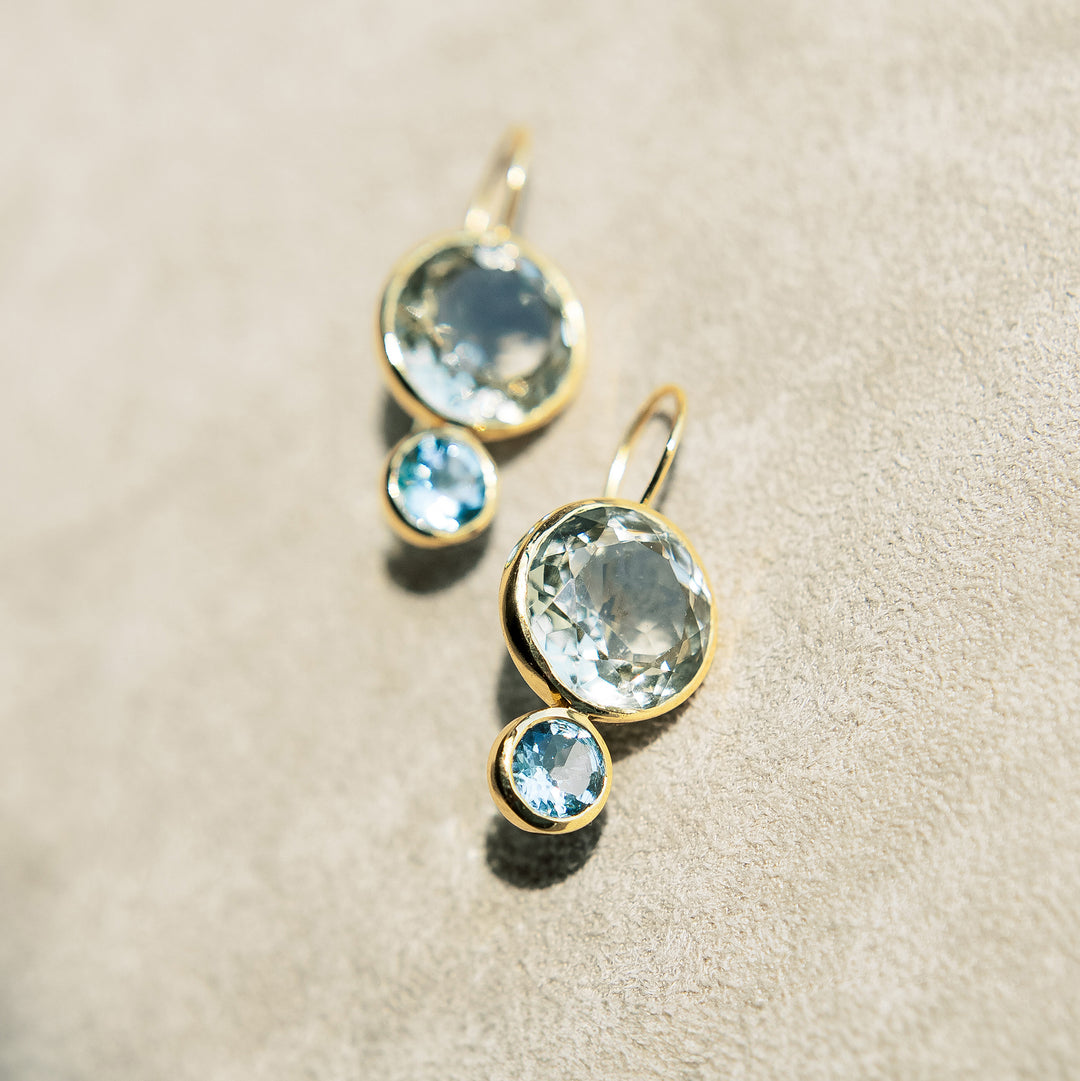 Color Block Drop Earrings in Faceted Green Amethyst and Faceted Sky Blue Topaz