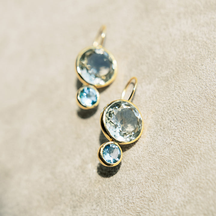Color Block Drop Earrings in Faceted Green Amethyst and Faceted Sky Blue Topaz
