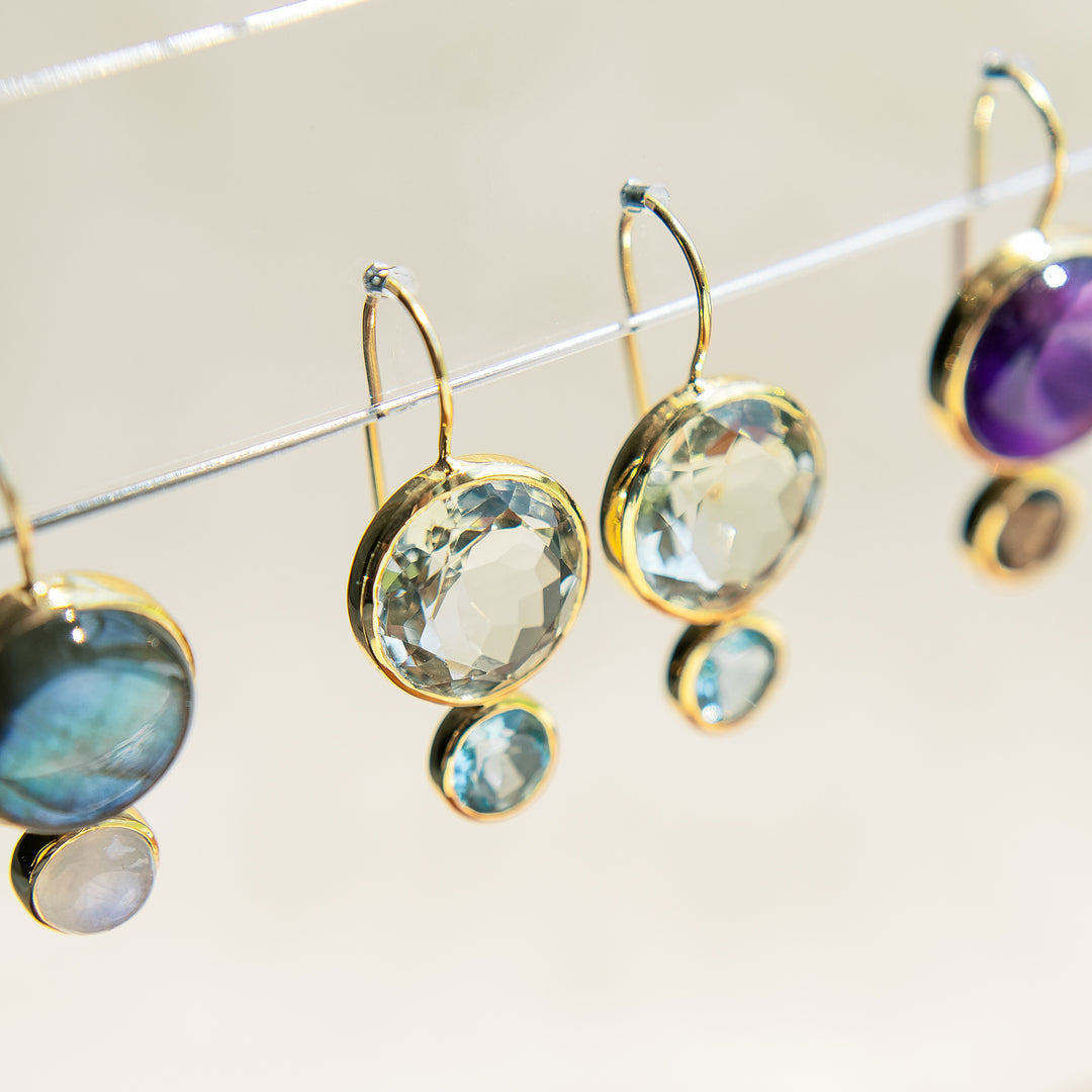 Color Block Drop Earrings in Faceted Green Amethyst and Faceted Sky Blue Topaz