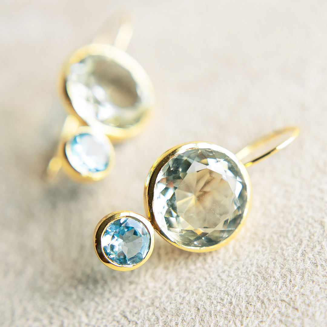 Color Block Drop Earrings in Faceted Green Amethyst and Faceted Sky Blue Topaz