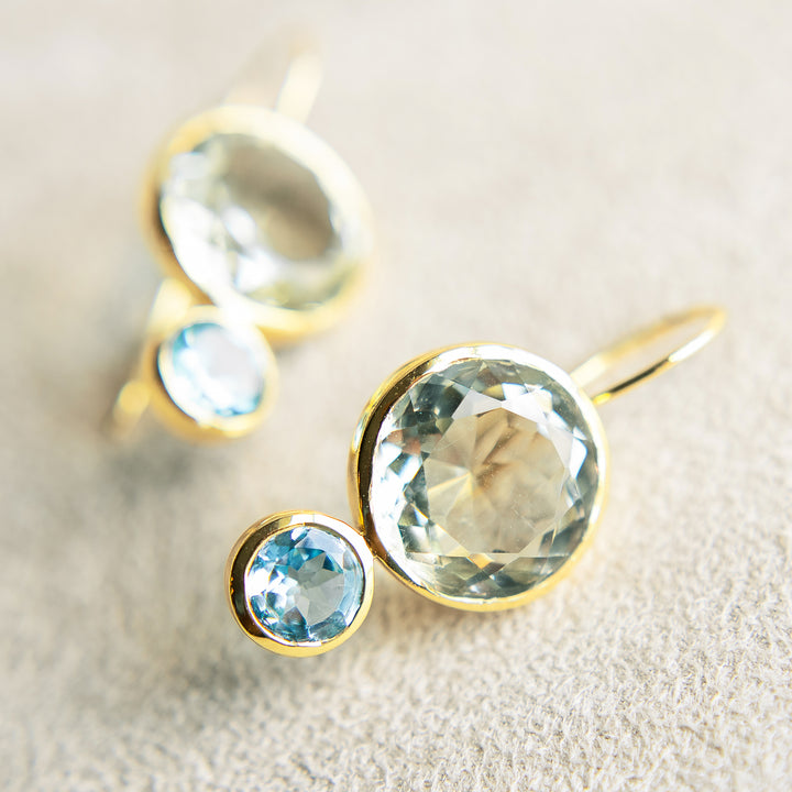 Color Block Drop Earrings in Faceted Green Amethyst and Faceted Sky Blue Topaz