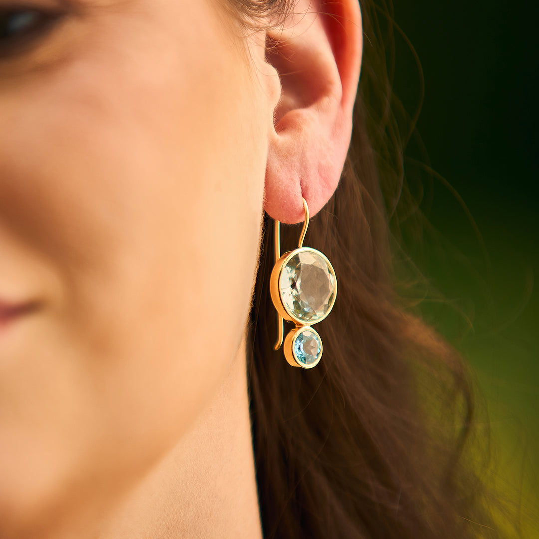 Color Block Drop Earrings in Faceted Green Amethyst and Faceted Sky Blue Topaz