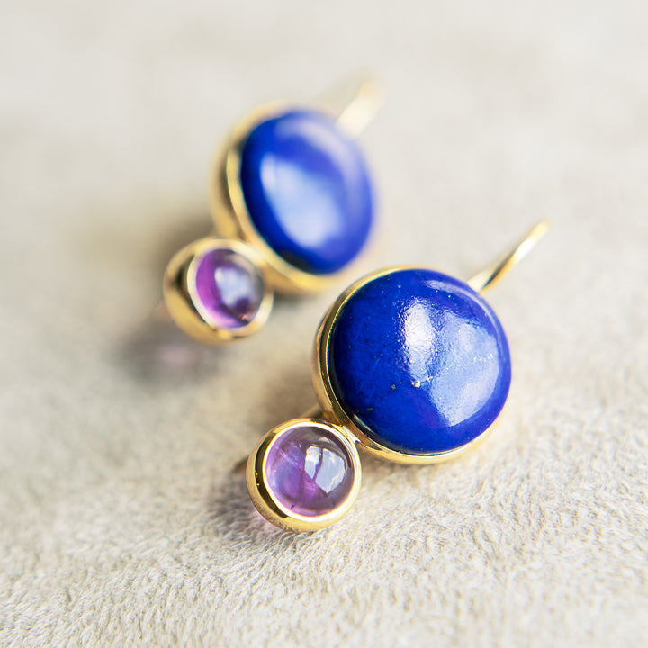 Color Block Drop Earrings in Lapis Lazuli and Amethyst