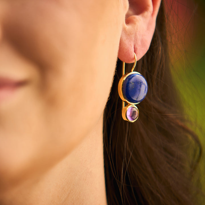 Color Block Drop Earrings in Lapis Lazuli and Amethyst