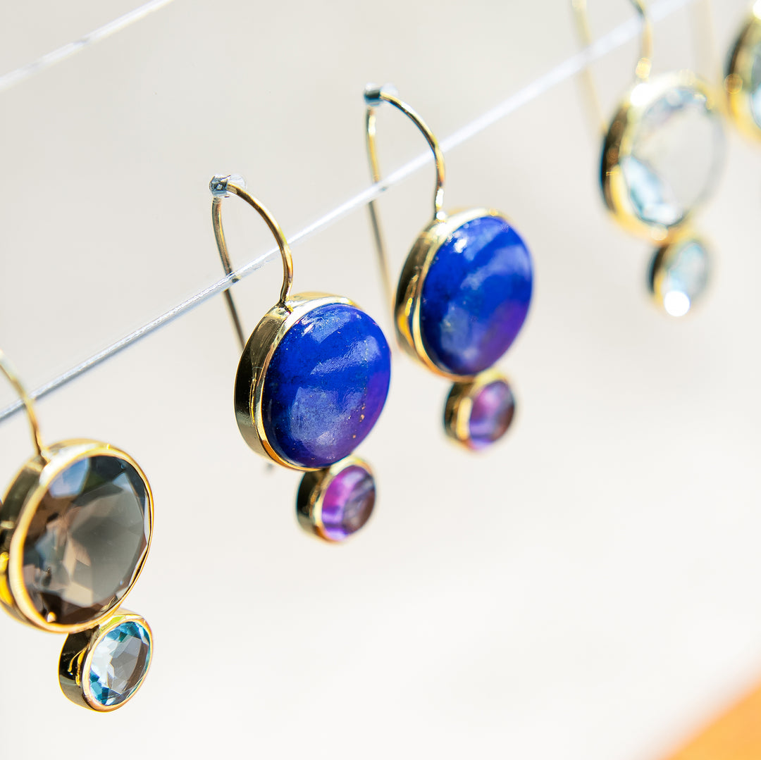 Color Block Drop Earrings in Lapis Lazuli and Amethyst