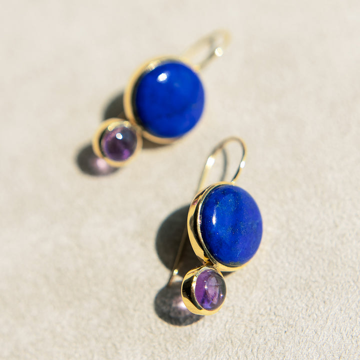 Color Block Drop Earrings in Lapis Lazuli and Amethyst