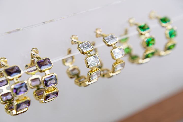 Gesu Hoop Earrings in White Cubic Zirconia and Yellow Gold