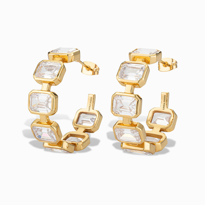 Gesu Hoop Earrings in White Cubic Zirconia and Yellow Gold