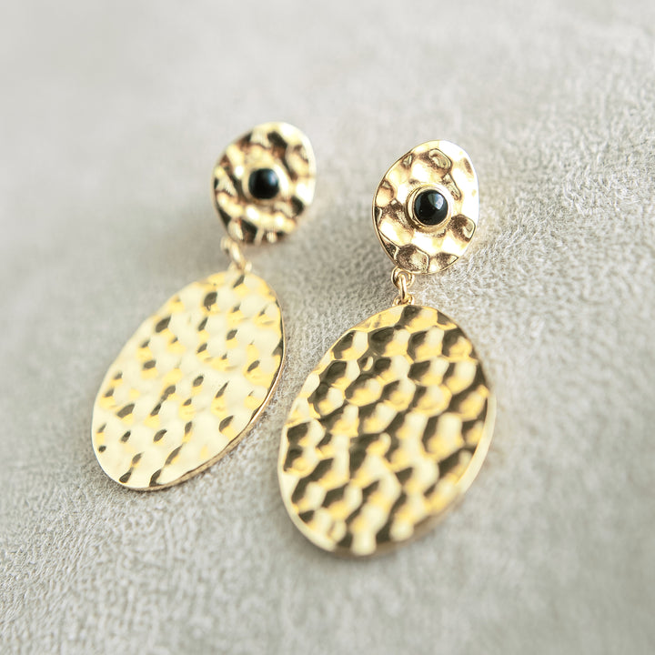 Hammered Gold Olympic Earrings in Black Onyx