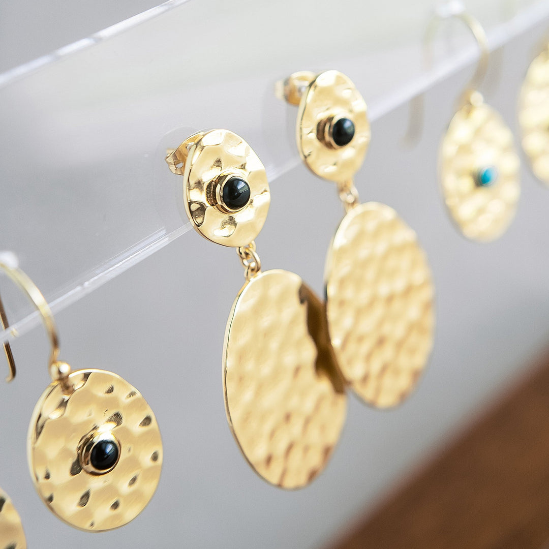 Hammered Gold Olympic Earrings in Black Onyx