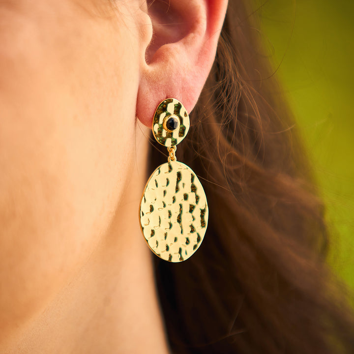 Hammered Gold Olympic Earrings in Black Onyx