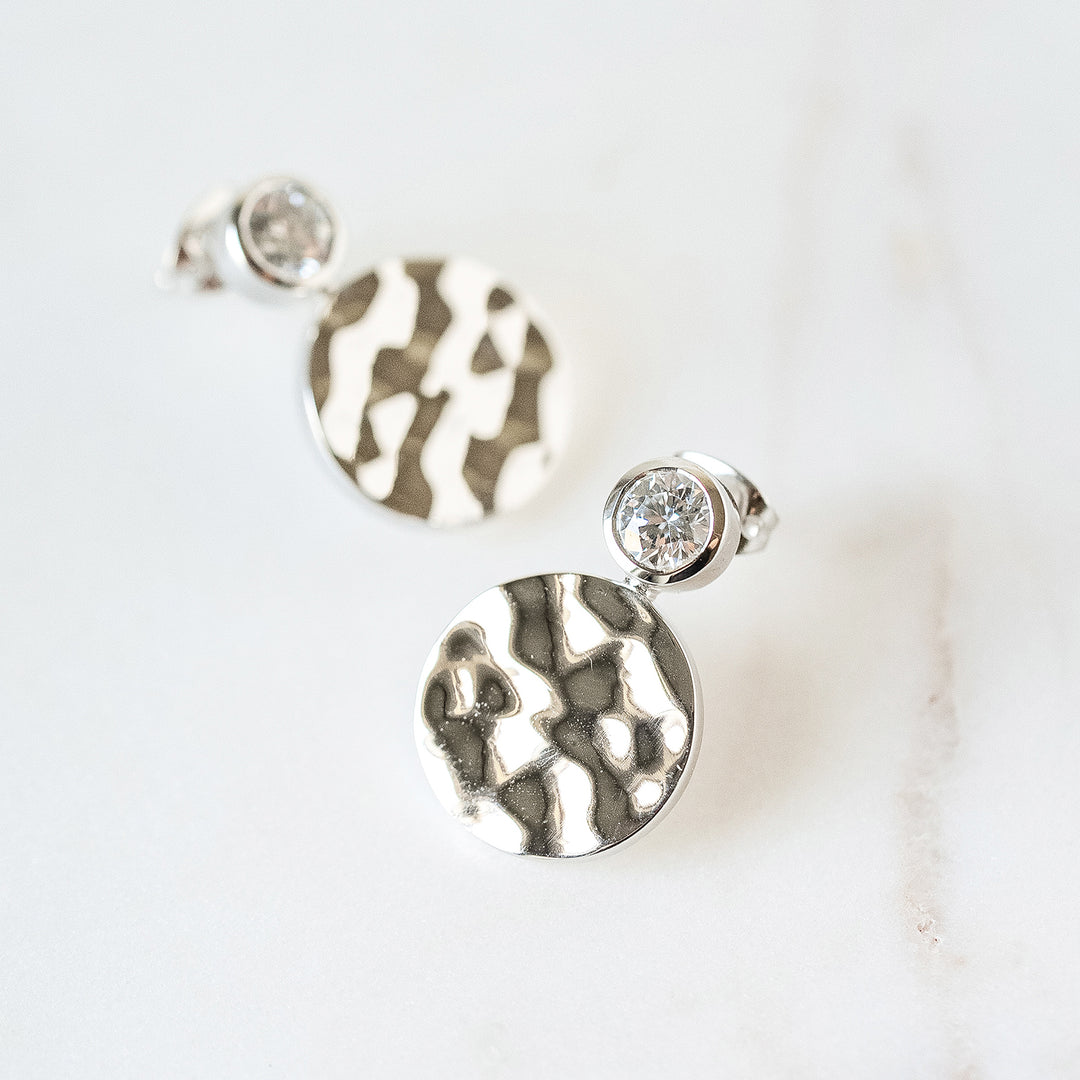 Hammered White Gold Floating Gem Stud Earrings
