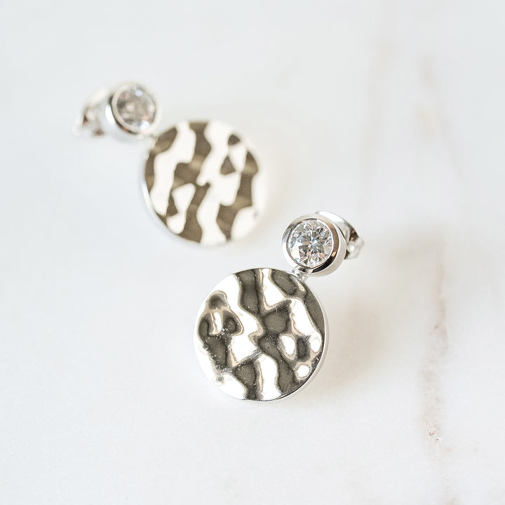 Hammered White Gold Floating Gem Stud Earrings