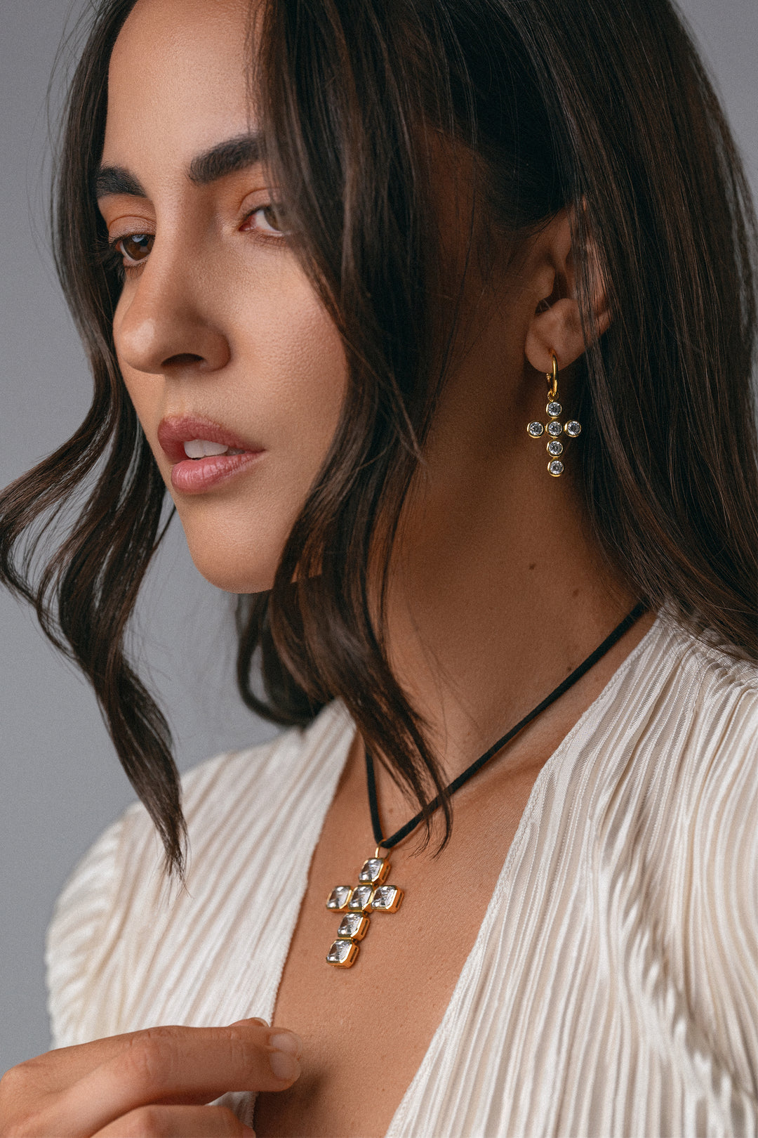 CZ Cross Charm Necklace on Velvet Cord