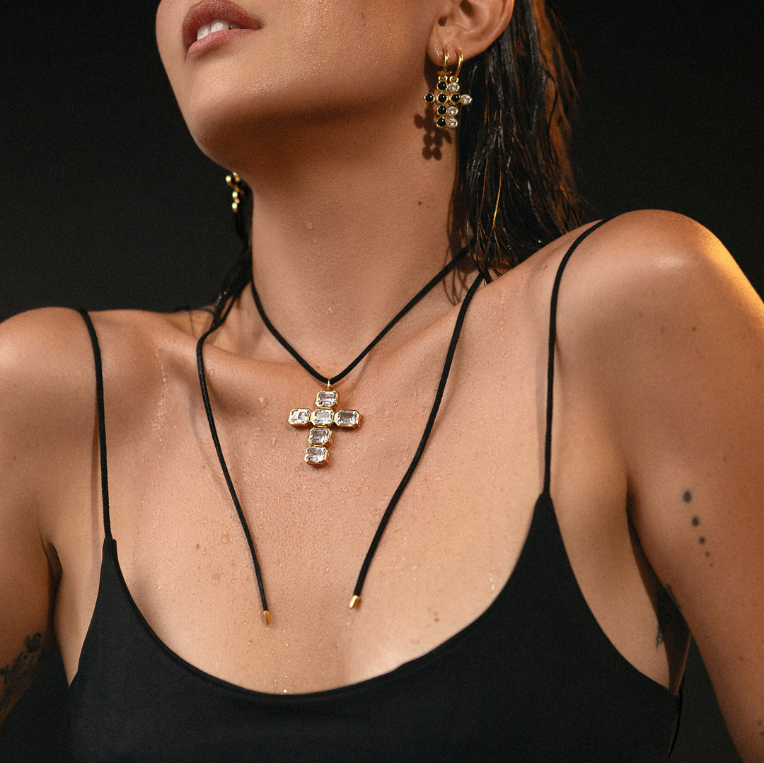 CZ Cross Charm Necklace on Velvet Cord