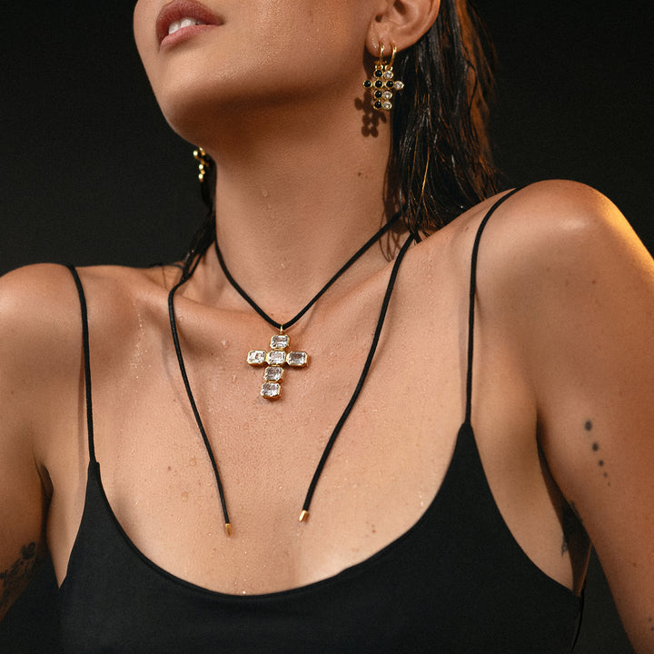 CZ Cross Charm Necklace on Velvet Cord