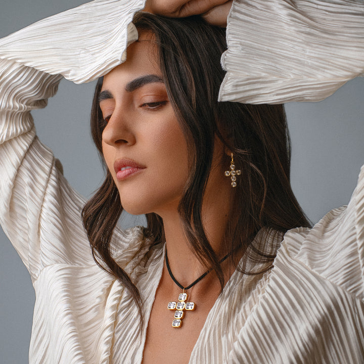 CZ Cross Charm Necklace on Velvet Cord