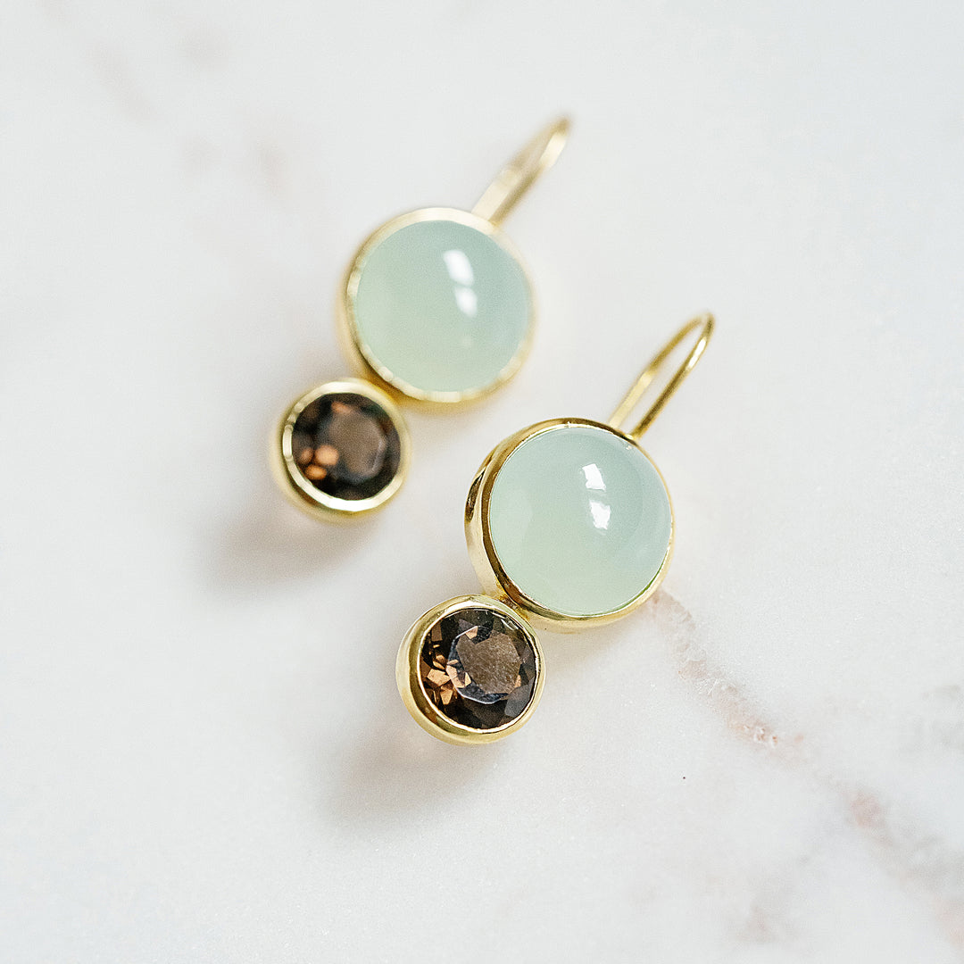 Little Color Block Drop Earrings in Aqua Chalcedony and Faceted Smoky Quartz