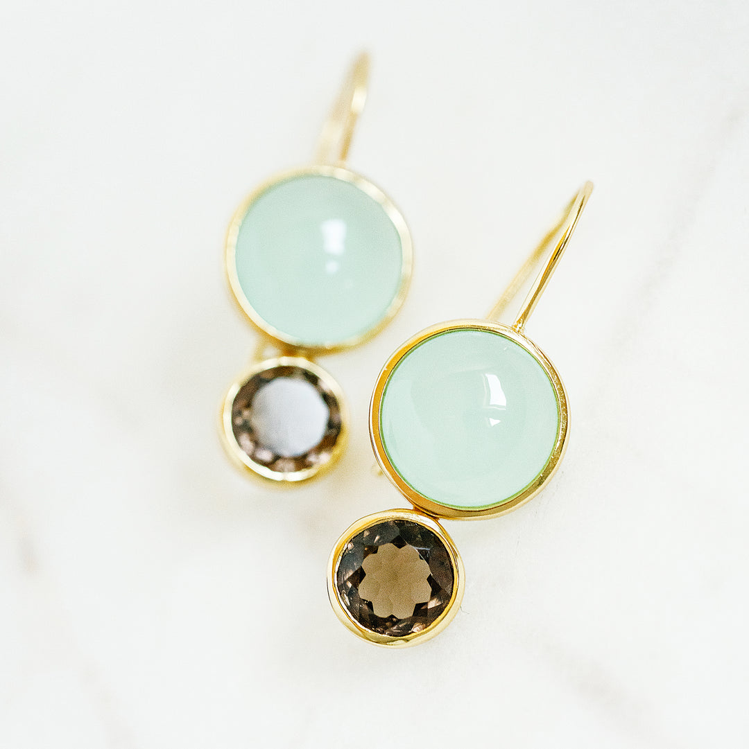 Little Color Block Drop Earrings in Aqua Chalcedony and Faceted Smoky Quartz