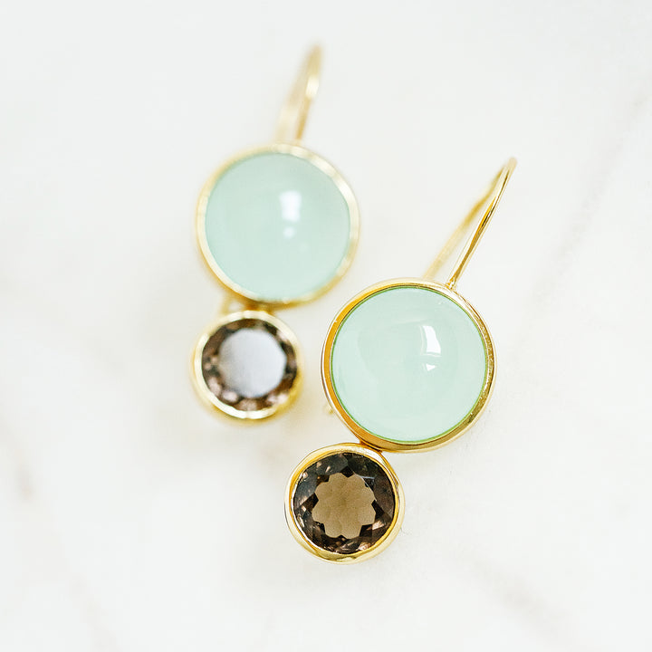Little Color Block Drop Earrings in Aqua Chalcedony and Faceted Smoky Quartz
