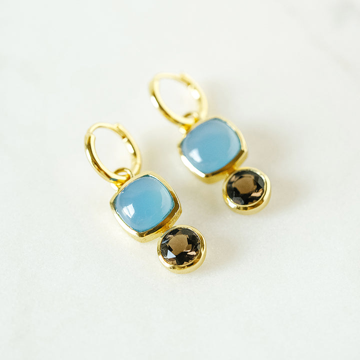 Color Block Charm Huggie Hoop Earrings in Blue Chalcedony and Faceted Smoky Quartz