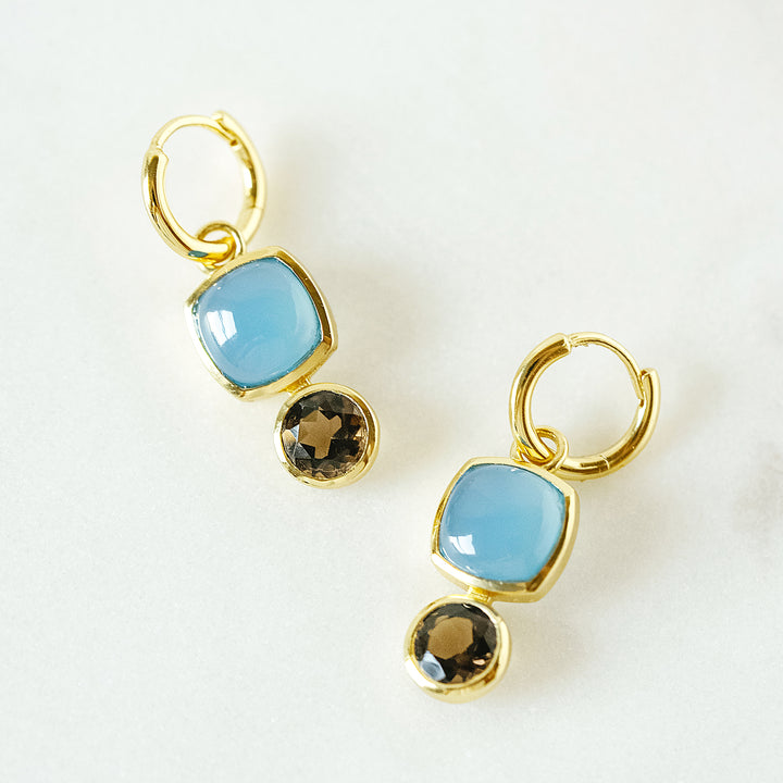 Color Block Charm Huggie Hoop Earrings in Blue Chalcedony and Faceted Smoky Quartz