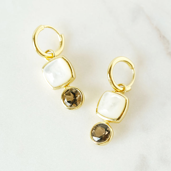 Color Block Charm Huggie Hoop Earrings in Mother of Pearl and Faceted Smoky Quartz