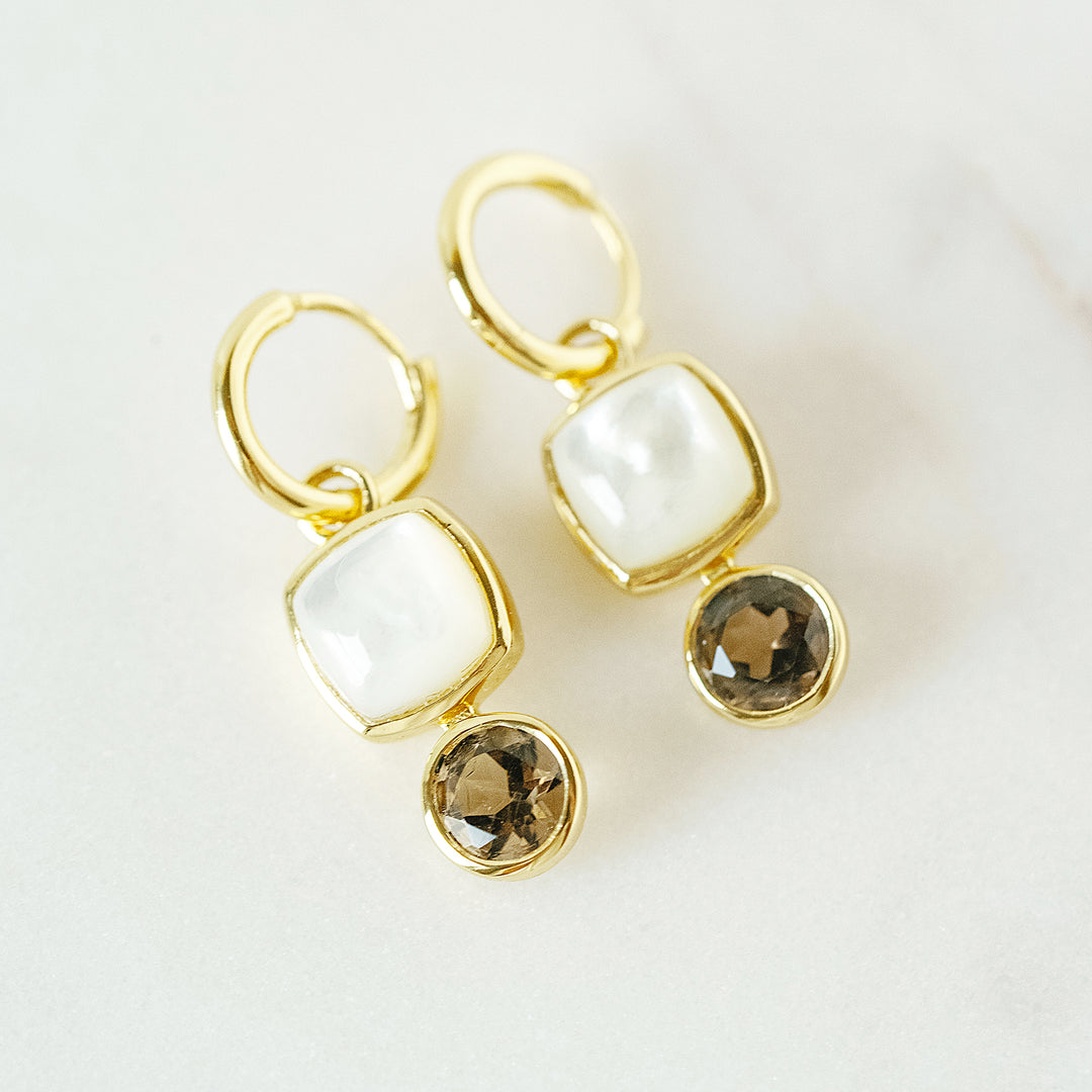 Color Block Charm Huggie Hoop Earrings in Mother of Pearl and Faceted Smoky Quartz