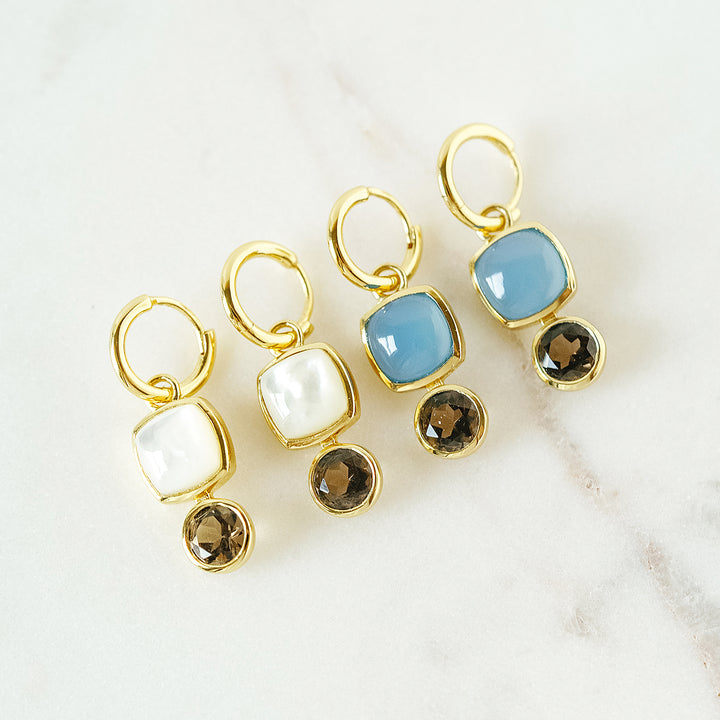 Color Block Charm Huggie Hoop Earrings in Blue Chalcedony and Faceted Smoky Quartz
