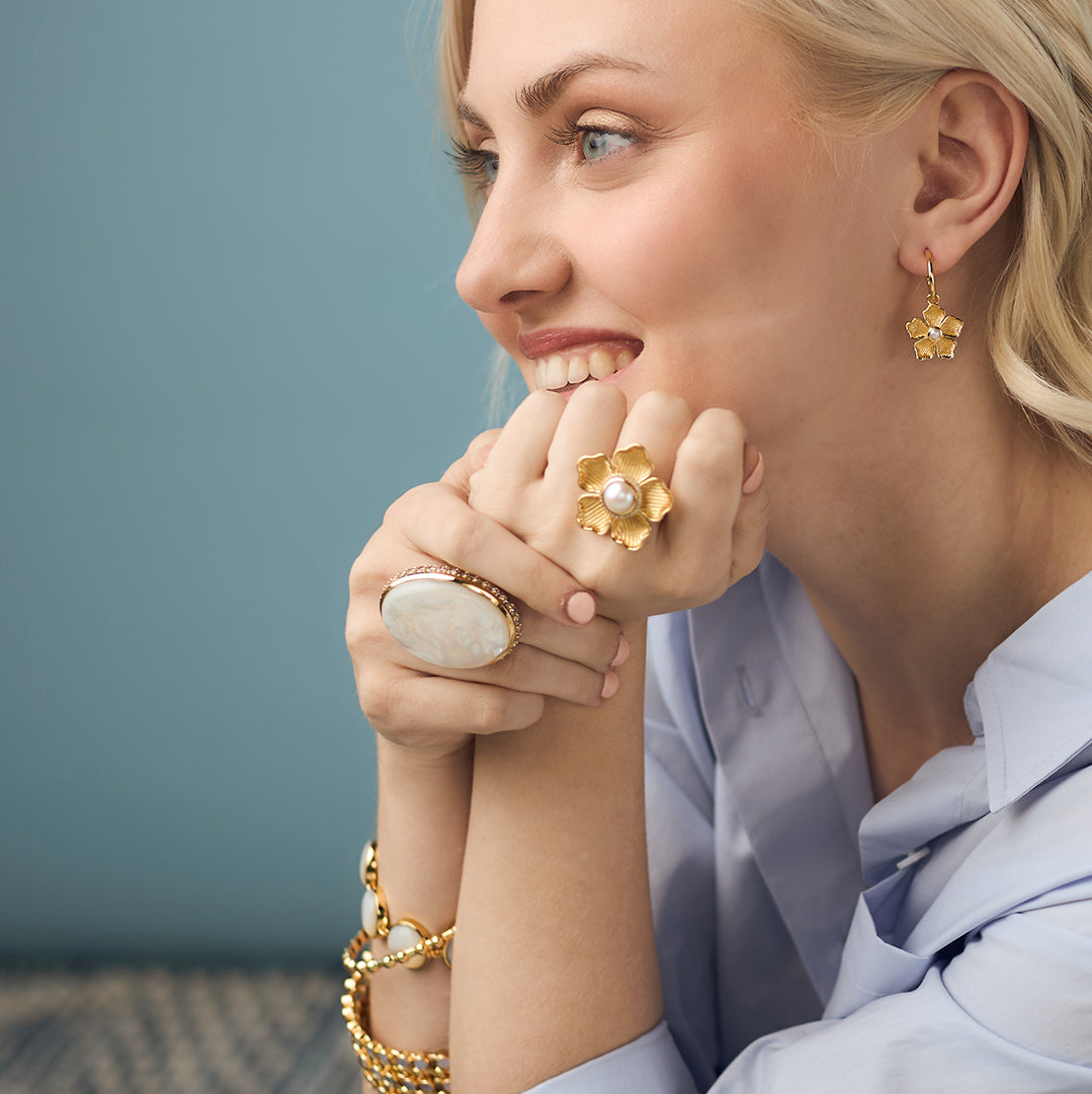Small Flower Charm Huggie Hoop Earrings in Pearl