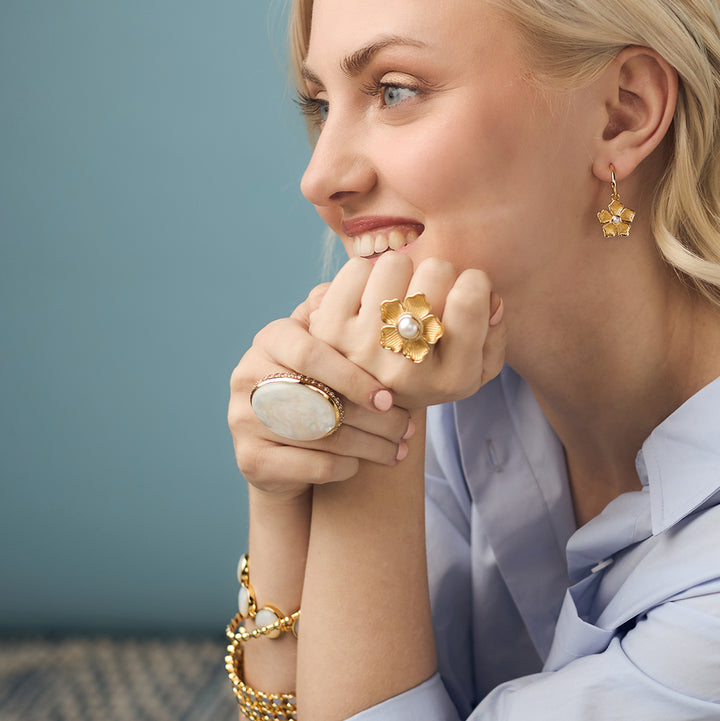 Small Flower Charm Huggie Hoop Earrings in Pearl