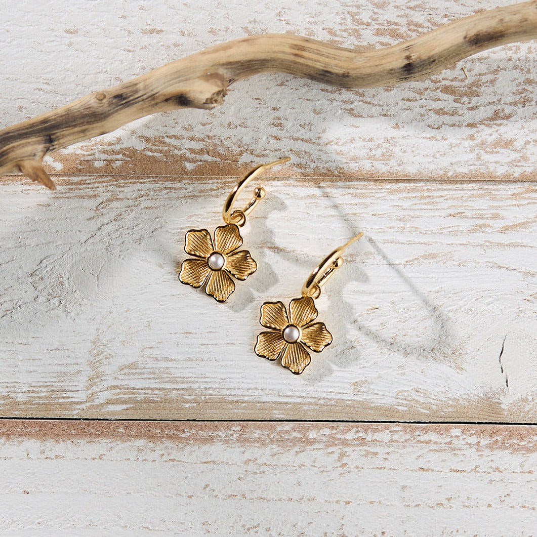 Small Flower Charm Huggie Hoop Earrings in Pearl