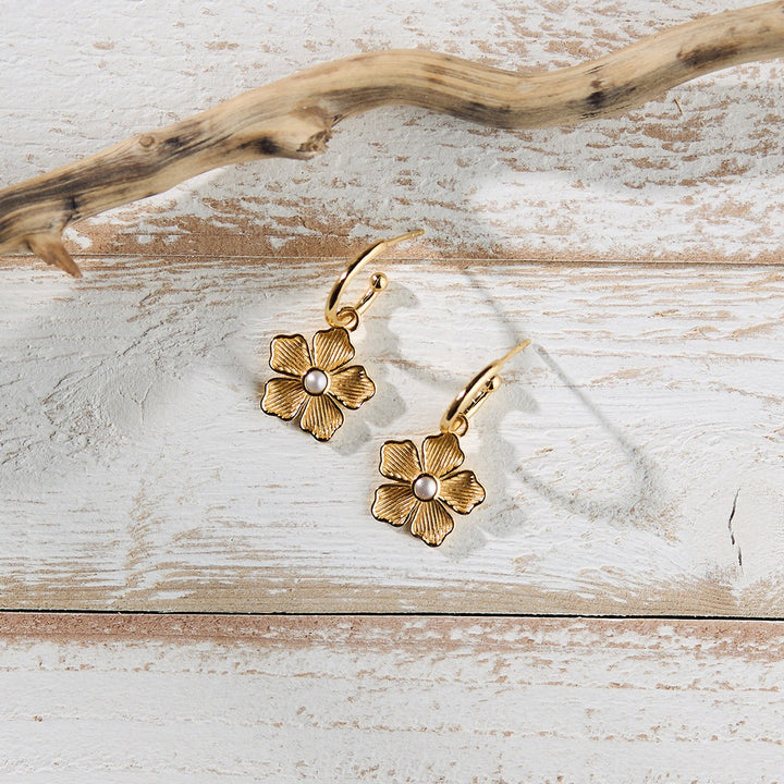 Small Flower Charm Huggie Hoop Earrings in Pearl