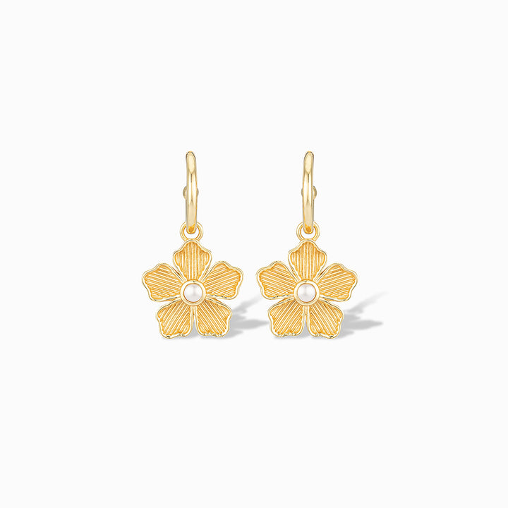 Small Flower Charm Huggie Hoop Earrings in Pearl
