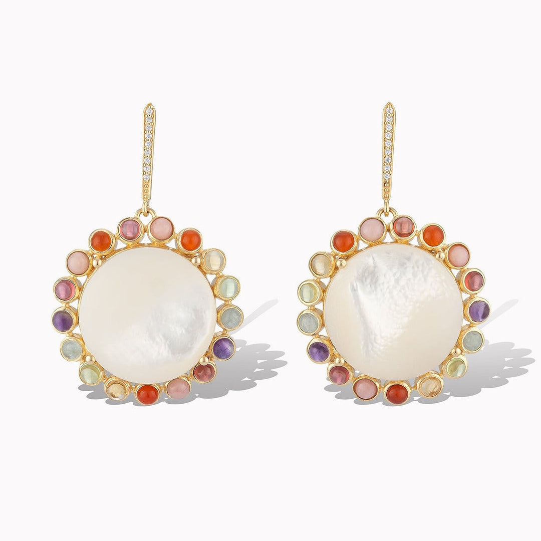 Mother of Pearl Statement Earrings with rainbow cabochons on a pave diamond post.
