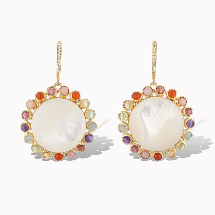 Mother of Pearl Statement Earrings with rainbow cabochons on a pave diamond post.