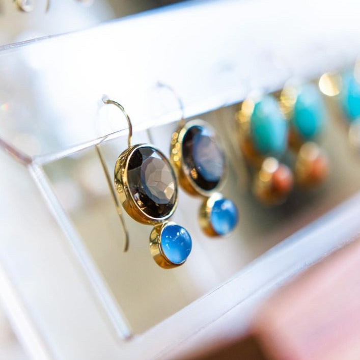 Color Block Drop Earrings in Faceted Smoky Quartz and Blue Chalcedony