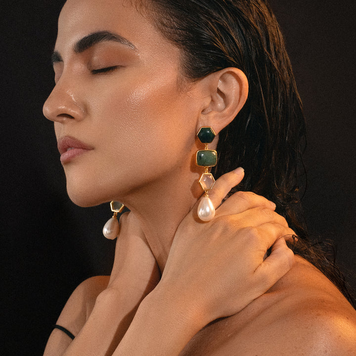 Amanda Statement Earrings in Nephrite Jade, Green Aventurine and Prehnite