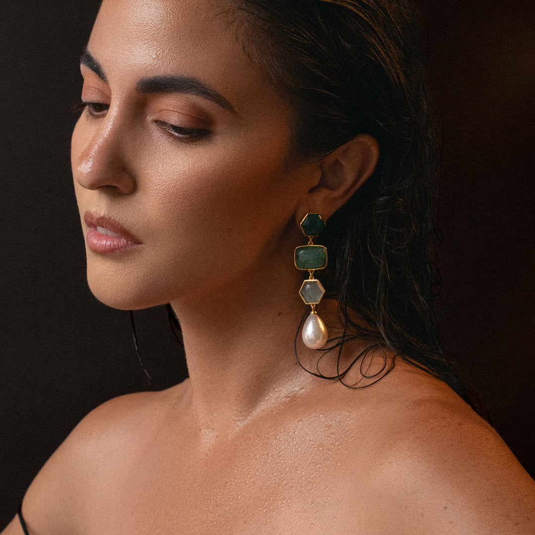 Amanda Statement Earrings in Nephrite Jade, Green Aventurine and Prehnite