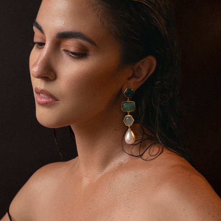 Amanda Statement Earrings in Nephrite Jade, Green Aventurine and Prehnite