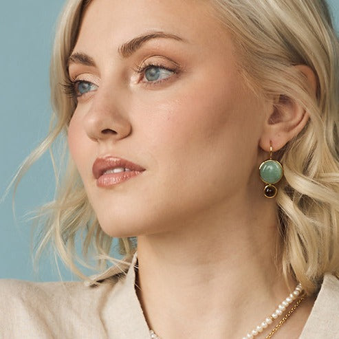 Color Block Drop Earrings in Amazonite and Smoky Topaz