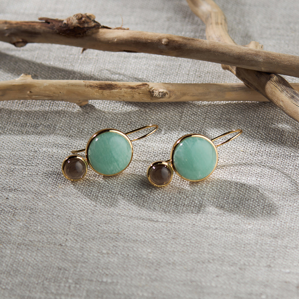 Color Block Drop Earrings in Amazonite and Smoky Topaz