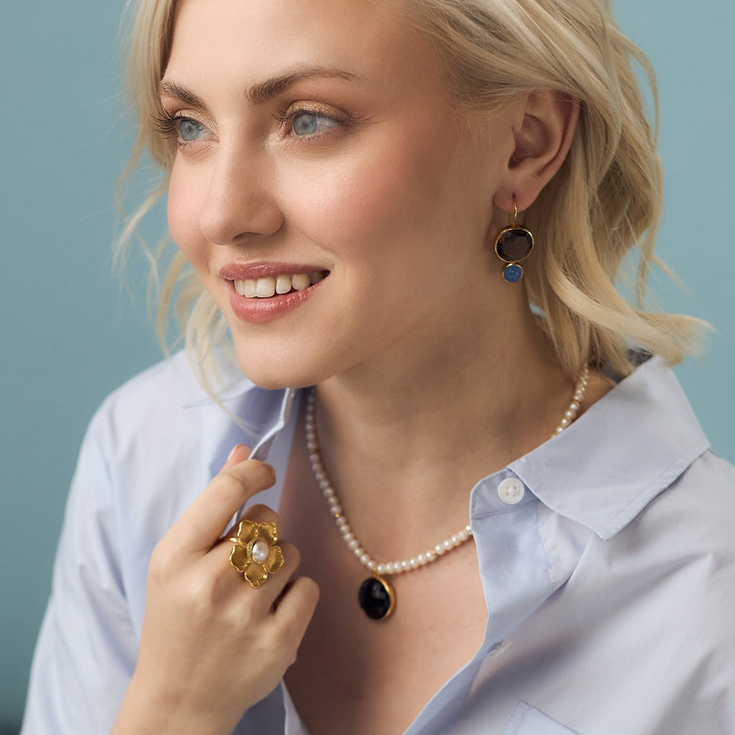 Color Block Drop Earrings in Faceted Smoky Quartz and Blue Chalcedony