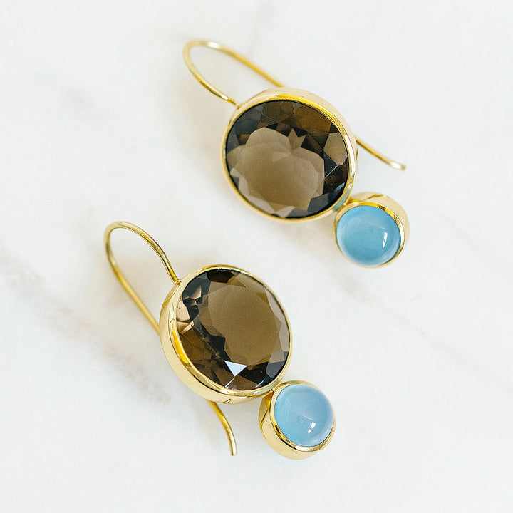 Color Block Drop Earrings in Faceted Smoky Quartz and Blue Chalcedony