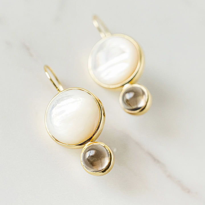 Color Block Drop Earrings in Mother of Pearl and Smoky Topaz