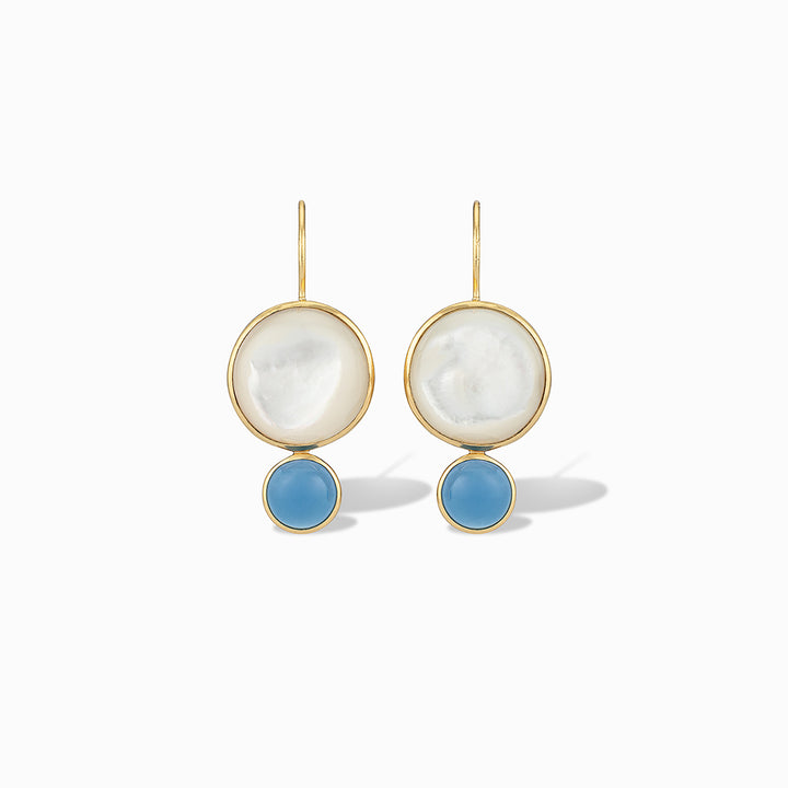 Color Block Drop Earrings in Mother of Pearl and Blue Chalcedony